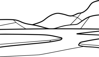 Abstract minimalist landscape drawing of rolling hills and a winding river