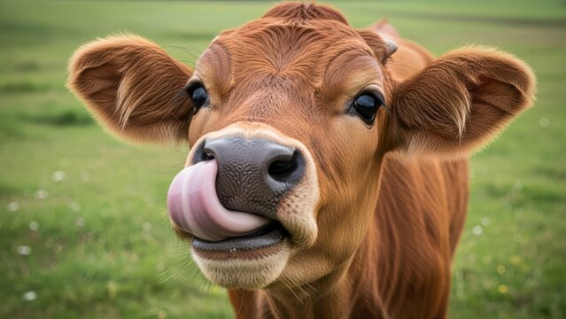 Playful brown cow licking nose in green pasture close-up - Powered by Adobe