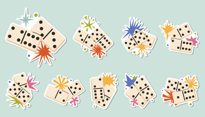 Set of fun domino game pieces with star compositions designed as playful stickers. Bold shapes and bright colors in cartoon flat style perfect for game themes, decor accents and creative projects.