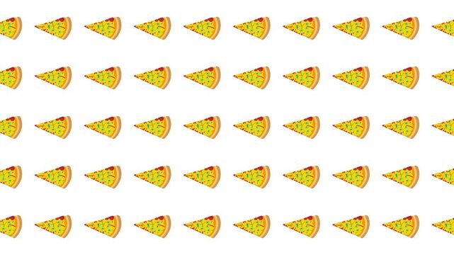 Many pizza slices in a repeating pattern on white make a fun and colorful background for foodrelated designs or advertisements.