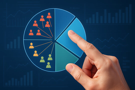 Futuristic glowing pie chart showing market segmentation and business analysis data visualization in digital strategy concept