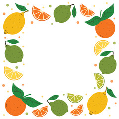 Colorful square citrus fruit frame with lemon, orange, lime slices, green leaves and small dot elements. Fun flat cartoon style ideal for food design, summer decor, packaging.