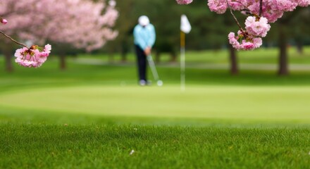 Golfer putting on green framed by cherry blossoms in spring golf course