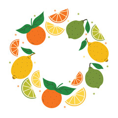 Decorative round border with citrus fruits: lemon, orange, lime, wedges and fresh green leaves with tiny dots. Flat cartoon design.