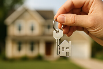 Hand holding silver house shaped keychain with home key showing concept of property ownership and real estate investment