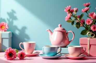 Pastel tea set with pink teapot and blossoms on a bright surface for lifestyle