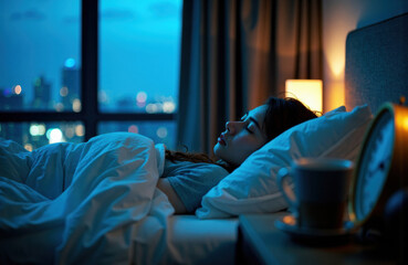 Woman sleeping in a moonlit bedroom with city lights outside through a window