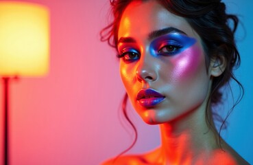 Obraz premium Woman with neon makeup and glossy iridescent highlights in moody lighting