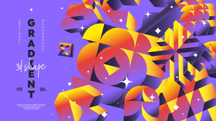 Realistic 3D vector shapes with gradient colors, flying abstract postmodern geometric volumetric different shapes in motion, violet background, Gradient brutal contemporary figure