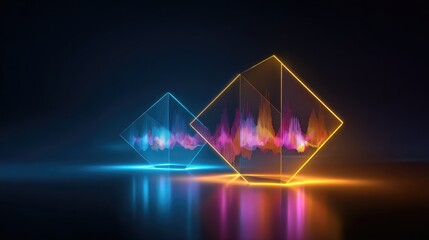 Neon cubes with spectral waveforms on dark reflective surface, showcasing data visualization