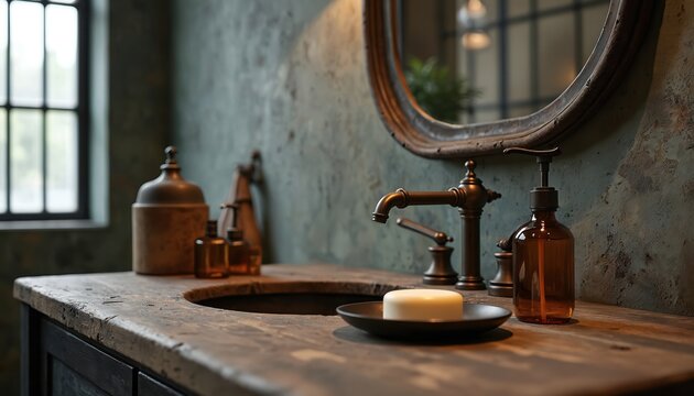 Rustic bathroom interior features aged wood counter with a round sink. Soap bottle stands near faucet under mirror. Window gives light into room with aged walls. Soap lies on plate.