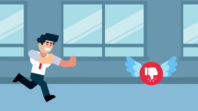 A businessman runs after a flying dislike or thumbs down icon with wings, symbolizing the pursuit of negative feedback, criticism, or challenges in business, set in an office background.


