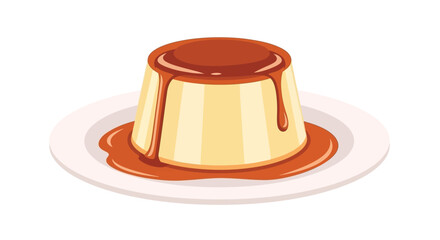 A delicious caramel flan dessert served on a white plate illustration