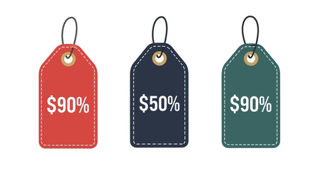Three colorful price tags displaying various discount percentages for sales