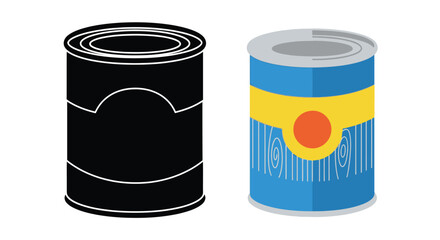 Two metal food cans one outline one colored with label details