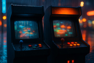 Old retro arcade machines glowing in neon street lights during nighttime rain nostalgia gaming entertainment and urban cyberpunk culture setting