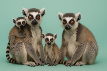 Obraz premium Family of lemurs are sitting together on a green background. The lemurs are of different sizes, with the smallest one being the one in the middle
