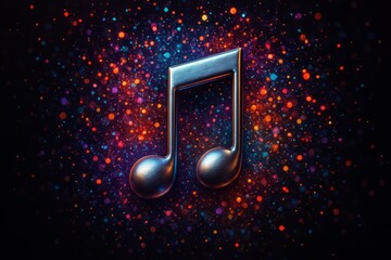 Shiny silver musical note with a red and blue background. The background is full of colorful dots