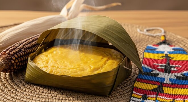 Steamed Cameroonian Koki Corn &ndash; Maize Pudding in Banana Leaf on Woven Mat, Fulani Beadwork