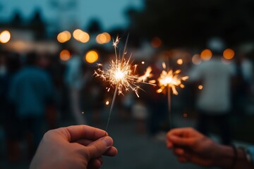 Hands holding sparklers at night celebration