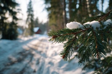 Snow covered pine branch in winter landscape