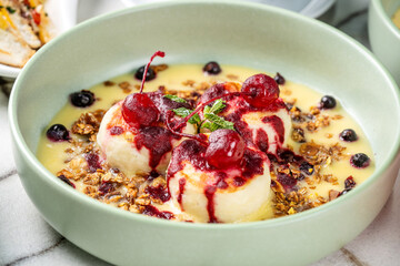 Cottage cheese pancakes with cherry berry sauce