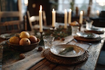 Rustic holiday table with candles lit