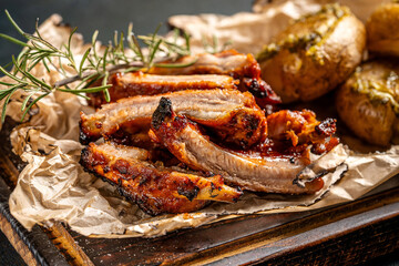 Juicy barbecue pork ribs with herbs and potatoes