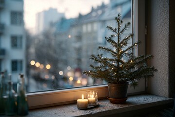 Cozy winter scene with candles and tree