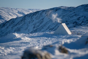 Snowy mountain cabin with chimney smoke