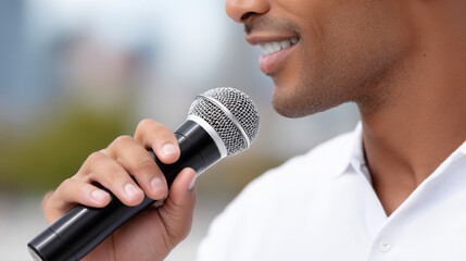 African American man holding microphone, smiling while speaking outdoors, showcasing confidence and engagement in a public speaking event with blurred background