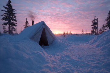 Winter Nordic tent with smoke rising at sunset