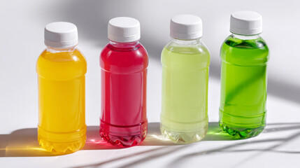 Colorful beverage bottles filled with vibrant liquids in yellow, red, green, and light green, arranged in a row on a bright surface, showcasing refreshing drink options