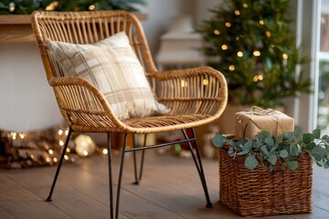 Boho holiday setup with rattan chair and greenery basket