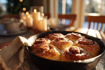 Christmas breakfast with cinnamon rolls in cast iron pan