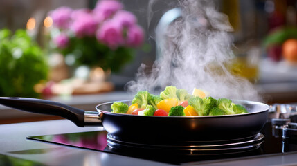 Colorful vegetables steaming in a black frying pan on a modern kitchen stove, surrounded by fresh herbs and flowers, showcasing healthy cooking and vibrant culinary artistry