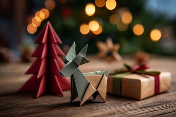 Christmas paper scene with origami dog and red tree