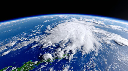 Satellite view of a powerful hurricane swirling over the ocean, showcasing dramatic cloud formations and vibrant blue waters, illustrating the intensity of nature's forces