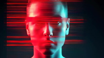 Digital Essence: A spectral portrait of an individual's face, blurred by data streams of red and blue, embodies the intersection of technology and humanity, with a focus on digital identity. - Powered by Adobe