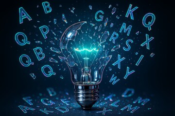 Light bulb with letters on it, including A, B, C, D, E, F, G, H, I, J, K, L, M, N, O, P, Q, R, S, T, U