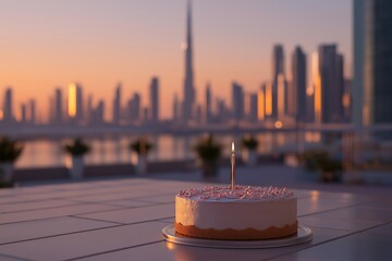 Birthday cake with candle and city skyline