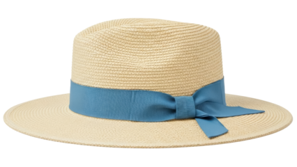 Elegant straw boater hat with blue ribbon isolated PNG, classic summer headwear for sun protection and stylish fashion accessory