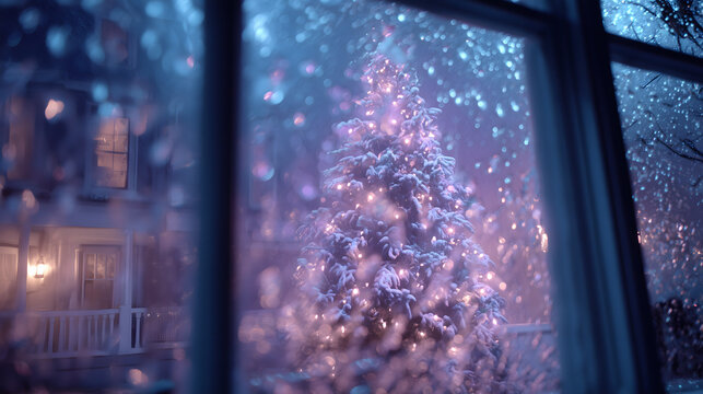 A pastel Christmas tree at night, seen through a window with snowflakes. The tree glows with hundreds of tiny, soft white lights. The color scheme is icy blue, silver, and lilac. Nostalgic, peaceful, 
