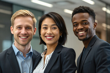 Three diverse professionals in business attire stand together, smiling, in a modern office setting.