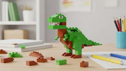 Green and brown dinosaur toy built with building blocks on desk in bright room