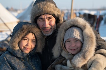 Family in traditional winter clothing outdoors