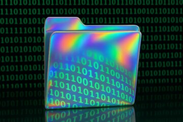 Folder with a rainbow effect on it is displayed on a black background. The folder is surrounded by a series of binary numbers