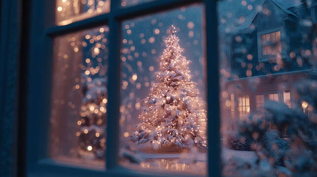 A pastel Christmas tree at night, seen through a window with snowflakes. The tree glows with hundreds of tiny, soft white lights. The color scheme is icy blue, silver, and lilac. Nostalgic, peaceful, 
