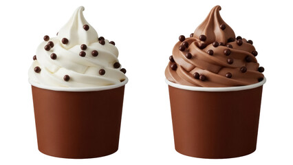 Two cups of soft serve ice cream with chocolate sprinkles isolated PNG, vanilla and chocolate flavors on transparent background