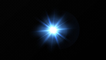 A lens flare effect featuring light flashes and neon explosions. Glowing stars and sunlight elements are isolated on a transparent background. 